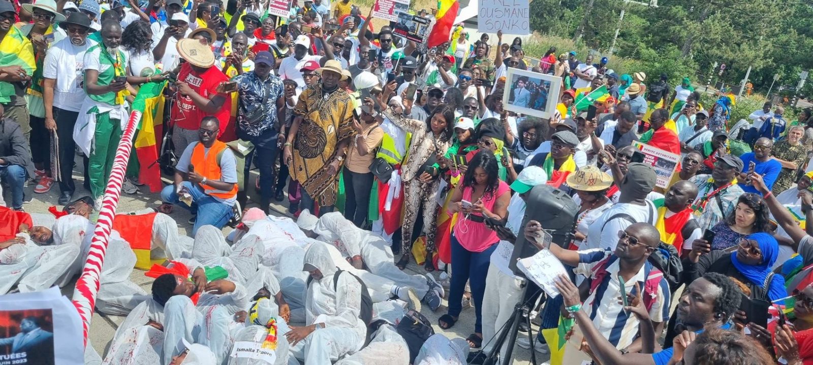 Grand rassemblement de la diaspora sénégalaise avec drapeaux et pancartes pour la mémoire